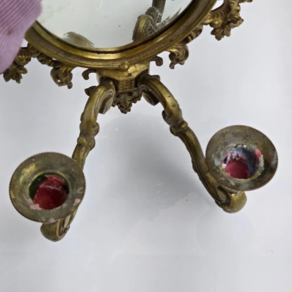 Vintage Brass Rococo Shield Mirror Wall Sconce Ornate Hollywood Regency Gilt